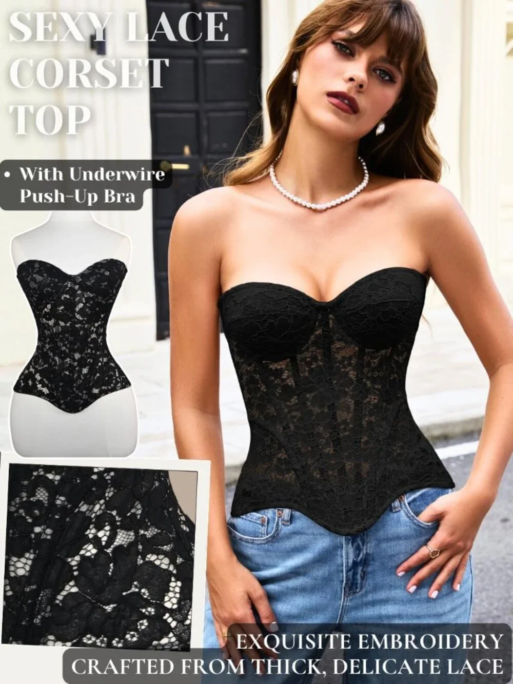 Women's French Romance Corsets, Sheer Floral Lace Fits 0-8, Push-Up Bustier with - Picture 2 of 7